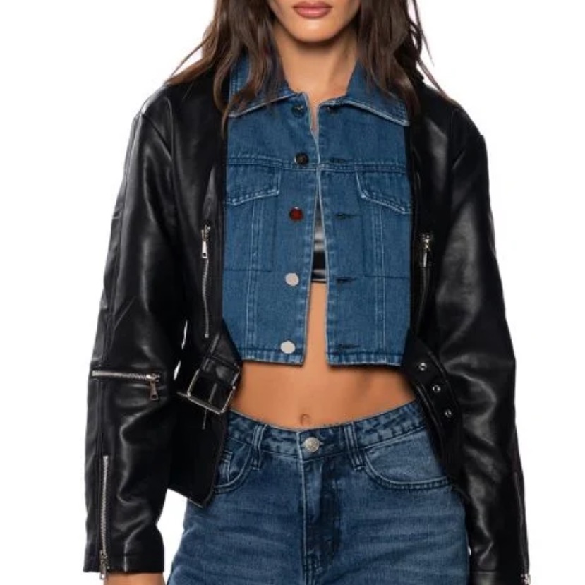 Akira Nwot M & L 2-In-1 Faux Black Leather And Denim Moto Riding On Trend Jacket